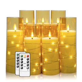 Flameless Candles,with Embedded Star String, Battery Operated Candles Flickering LED Pillar Candles with Remote Control and Timer, Home Decoration Add a Warm and Romantic Atmosphere，Set of 7 (Gold)