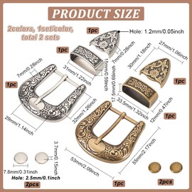 BENECREAT 2 Set Gold Silver Western Cowboy Buckle Set, Alloy Belt Buckle Set Caving Vintage Belt Buck Set for Replacement Men Women Belt, 53x55mm