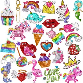 26 Pieces Gem Diamond Painting Art Kits for Kids, Cute Diamond Painting Stickers Suncatchers with Keychain DIY Tools, Small Diamond Dots Arts and Crafts Supplies for Girls Children Ages 6-12 (Cute)