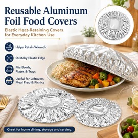 Tapas reutilizables de papel de aluminio para alimentos, tapas elásticas de aluminio que retienen el calor para tazones, platos y bandejas, tapas elásticas para recipientes redondos (60PC)