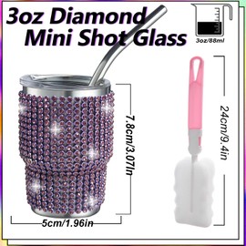 WINCHERRIA 3oz Diamond Mini Shot Glass,Bling Shot Stainless Steel Tumbler with Straw and Lids,Cute Bling Shot Glasses with rhinestones for Anniversary,Birthday Party,Friendship Day (1, Purple)