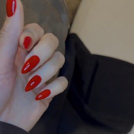 Red Press on Nails Almond Shape,KXAMELIE Glue on Nails Medium Acrylic Nails Press on with Solid Glossy Nude Color Design Fake Nails Set for Women Girls Daily Wear in 24PCS