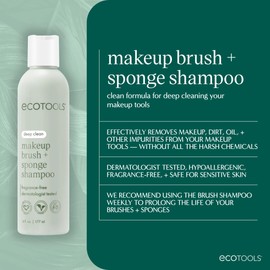 EcoTools Makeup Brush + Sponge Shampoo, Remove Makeup & Impurities From Tools, Sponges, & Puffs, Fragrance-Free Brush Cleanser, No Harsh Chemicals, Vegan, & Cruelty-Free, 8 fl. oz./236 ml. Bottle