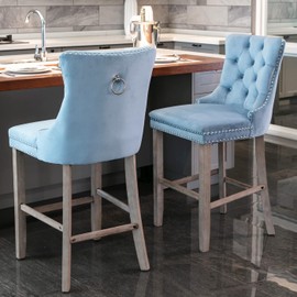 Bar Chairs Set of 2, Velvet Upholstered Bar Stools with Button Tufted Decoration, Chrome Nailhead Trim and Wooden Legs, Leisure Style Bar Chairs, Seat Height 27.2" (Light Blue)