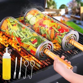 2PCS Rolling Grill Baskets with Removable Wooden Handle,304 Stainless Steel Nesting BBQ Basket for Outdoor Cooking Camping,BBQ Accessories Tools for Vegetables,Seafood & Meat,Gifts for Men Dad Husband