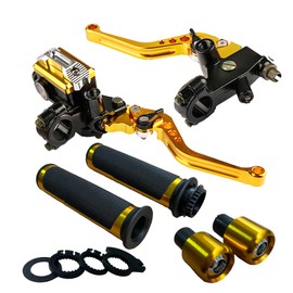LisylineAuto 7/8 22mm Motorcycle Brake Lever Handlebar Lever Master Cylinder Clutch Levers Left & Right Set + Hand Grips + Handlebar Ends Set Fit for Harley Honda Kawasaki Suzuki Yamaha(Gold)