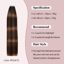 Sunya Tape in Hair Extensions Human Hair Balayage Dark Brown to Chestnut Brown 20 Inch 50g/pack 20pcs Straight Seamless Skin Weft #2/6/2 Tape in Hair Extensions