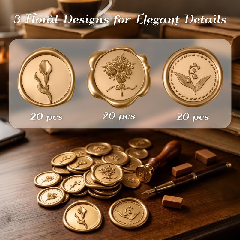 60PCS Floral Wax Seal Sticker Set for Wedding Invitations, Self