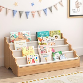 ELYKEN Book shelf for Kids Rooms, Nursery Book Shelves with Open Forward Display, Toddler Montessori Bookshelf for Baby Room, Small Children Classroom Books Rack Storage, Reading Corner for Kid, Beige