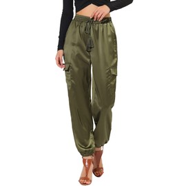 Allegra K Women's Fall Satin Joggers Drawstring Elastic High Waist Shiny Silky Satin Cargo Pants Small Green