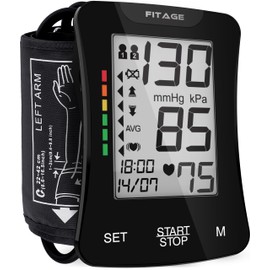 FITAGE Blood Pressure Monitor Upper Arm Digital Blood Pressure Monitor and Heart Rate Monitor with Memory Function Cuff Seat Control for Upper Arm Circumferences of 22-42 cm, Arrhythmia Detection