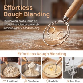 Danish Dough Whisk, 24cm Double Eye Stainless Steel Bread Dough Mixer for Dough and Pastry Baking, Hand Whisk Blending Tool
