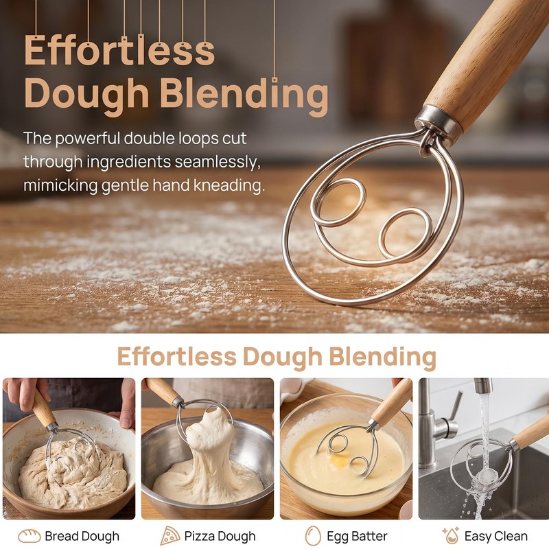 Danish Dough Whisk, 24cm Double Eye Stainless Steel Bread Dough