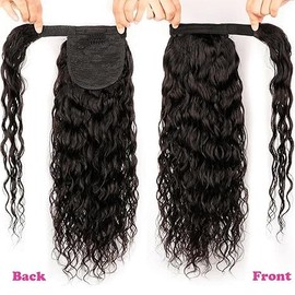 Human Hair Curly Wave Ponytail Extensions Human Hair Wrap Around Corn Wave Pony Magic Paste Brazilian Human Hair Extensions for Women Natural Black(20 inch)