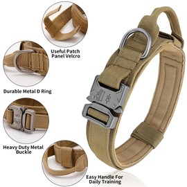 Tactical Dog Collar - Military Dog Collar, Adjustable Heavy Duty Metal Buckle Nylon Dog Collar with Control Handle for Small Medium Large Dogs, (Brown, L)