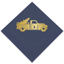 Weddingstar 3-Ply Christmas Designs Gold Foil Cocktail Napkins Navy - Christmas Truck