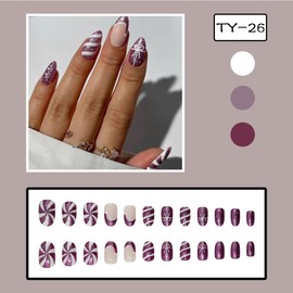 24Pcs Christmas Press on Nails Short Almond With Christmas Hat Design Purple Glitter French Tip Acrylic Winter Glue on Full Cover False Nails for Women Manicure