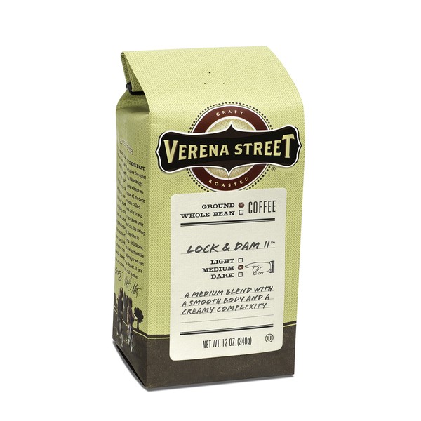 Verena Street Café molido de 12 onzas, tostado medio ligero, Lock & Dam 11, café arábica certificado Rainforest Alliance
