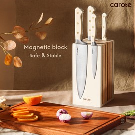 CAROTE 11 Pieces Knife Set with Block for kitchen, Stainless Steel Razor-Sharp Blade, Triple Riveted Ergonomic Handle, Wooden Magnetic Block, Essential Knife Block Set, Beige