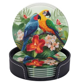 Famame 6 Pcs Tropical Parrot Toucan Palm Leaves Leather Coasters for Drinks with Holder Coaster Sets Drink Table Cup Coasters for Living Room Kitchen Coffee Decor