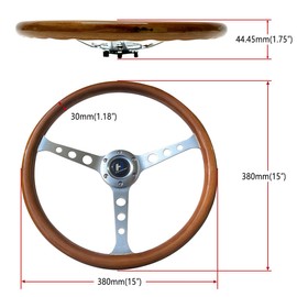 Hiracing 15 inch Wooden Grain Steering Wheel 1.75'' Depth Silver Brushed 3-Spoke Classic Wood Steering Wheel 380mm With Horn Button 6 Bolts (021), Brown