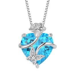 FJ Heart Aquamarine Necklace March Birthstone Pendant Necklace for Women 925 Sterling Silver Butterfly Necklace with Rose Flower Jewellery Gifts for Women Mom Wife Girls Her
