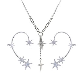 Elf Earrings for Women, Sparkly Rhinestone Snowflake Ears Clip Star Pendant Silver Necklace Set Trendy Charm Fairy Accessories for Teen Girls Party Christmas Gifts (Silver)