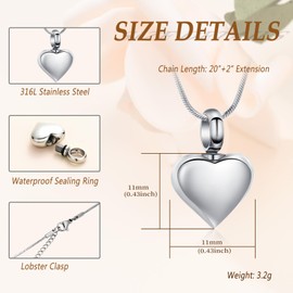 Minicremation Cremation Heart Urn Necklace Ash Jewellery for Women Men Keepsake Pendant Memorial Locket Ash Holder, Stainless Steel, No Gemstone