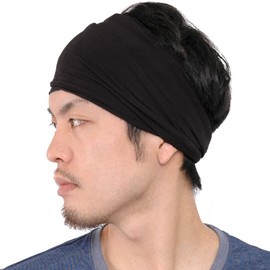 CHARM Mens Elastic Japanese Headband - Long Hair Bandana Womens Head Wrap Dreads Black
