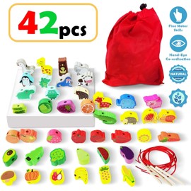 ausurme 46Pcs Wooden Animals Fruits Vegetables String Threading Beads,Include 42Wooden Lacing Beads 4String Ropes,Montessori Toddler Preschool Activities Lacing Toys for Toddlers 3 4 5 6 Year Old