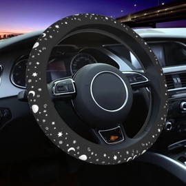 Star Moon Steering Wheel Cover Black and White Night Sky Steering Wheel Cover Moon Car Accessories Fits 15 Inch Steering Wheel Girls Women Anti-Slip Breathable Wheel Cover Protector