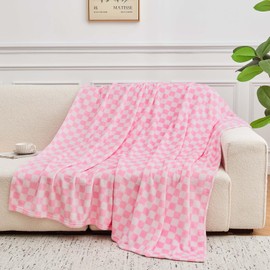 FY FIBER HOUSE Checkered Flannel Fleece Throw Blanket Soft Cozy Checkerboard Grid Print Chessboard Gingham Pattern Blankets for Bed Couch Sofa, 50"x60", Light Pink