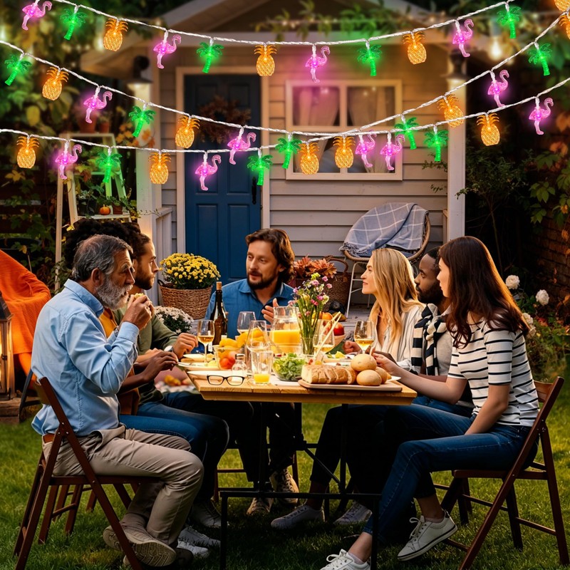 Solar Summer Hawaiian Outdoor Lights, 16Ft 40 LED Flamingo Pineapple