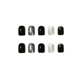 MISUD Press on Nails - Short Square Glue on Nails with Black, Acrylic Bling Glitter Design 24 pcs