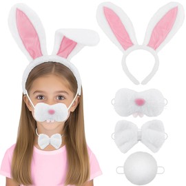 Vovii Playful White Bunny 4 Piece Costume Set with Ear Headband Bow Tie Nose and Fluffy Tail for Childrens Dress Up Party Easter and Stage Play