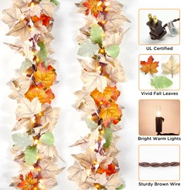 9Ft Fall Garland with Lights Plug in Fall Decorations for Home 50 White Bulbs Connectable Lighted Thanksgiving Garland for Indoor Outdoor Harvest Mantle Fireplace Fall Decor(2 Packs)