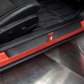 LEXLEY 3D Hash Mark For Dodge 2010-2023 Challenger Carbon Fiber Style Leather Door Sill Protector Anti-Dirty Scuff Plate Cover Guard Sills Protector Trim,Welcome Pedal Protect 2PCS -RED