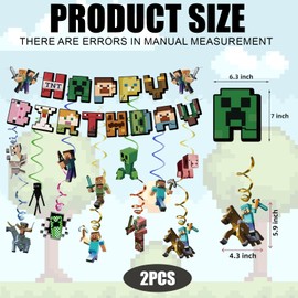 Pixel Birthday Decoration Boys, 13-Piece Pixel Birthday Banner Set with Pixel Miner Theme Elements, Birthday Decoration for Theme Parties, 12 Swirls and 1 Banner for Children's Birthday