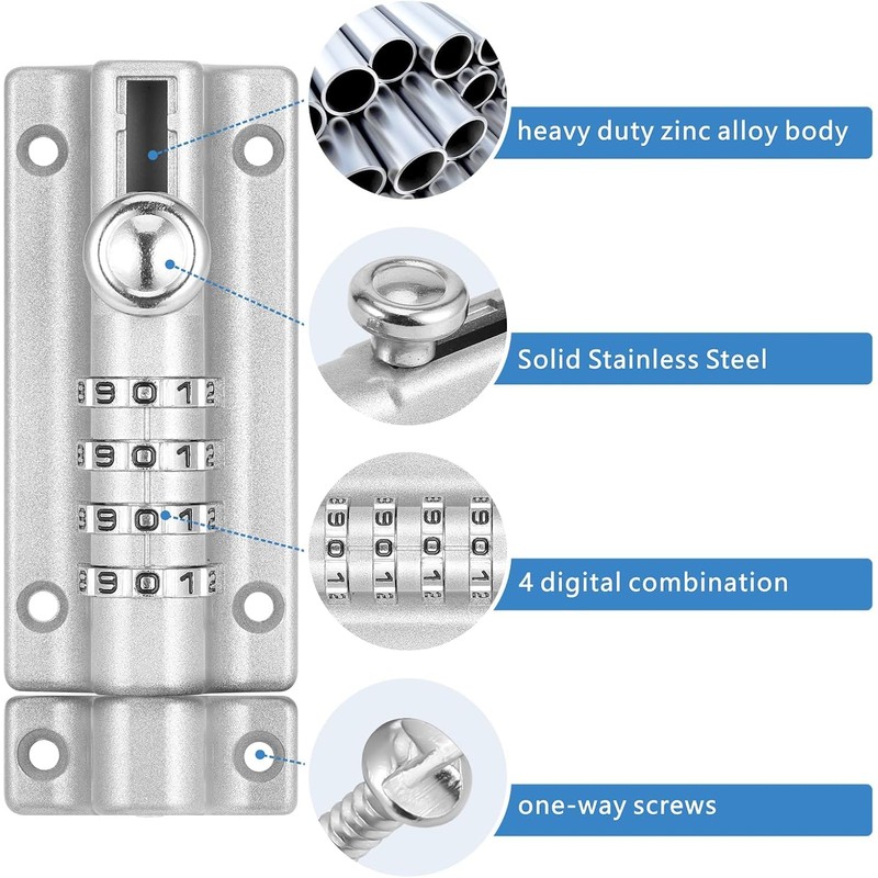 2Pcs Combination Locking Bolt, Heavy Duty Gate Bolt with Screws,