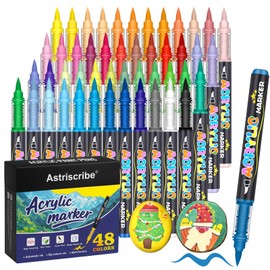 48 Colors Acrylic Paint Pens Markers, No-Bleed Brush Tip Acrylic Markers with Automatic Ink Control System, for Stone, Wood, Canvas, Ceramic, Glass, Metal, Rock Painting, DIY Crafts Art Supplies Kit