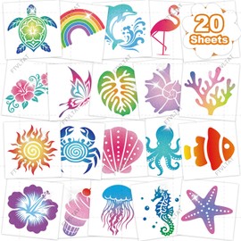 FTVLTAT 20 Sheets Glitter Ocean Animal Temporary Tattoos, Shimmering Sea Creature Body Art, Sparkly Dolphin Turtle Seahorse Stickers for Summer Beach Parties, 1.96" x 1.96" Pre-cut Tattoos