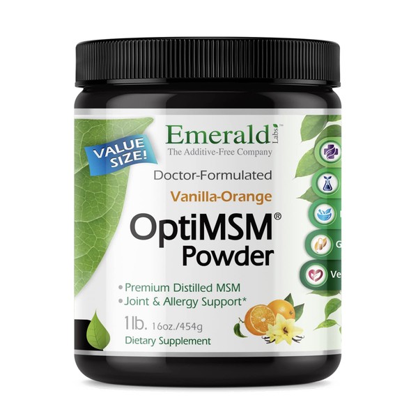 Emerald Labs OptiMSM Powder - Dietary Supplement with Methylsulfonylmethane and Vitamin C for Joint and Allergy Support - Vegetarian, Gluten Free, Non-GMO - 16 Oz. - Vanilla-Orange