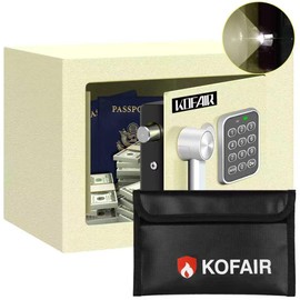 KOFAIR Safe Box for Home Safe (0.23 Cubic Feet) with Fireproof Bag, Personal Money Safey for Cash Saving, Mini Safey with Key, Digital Safety Box with Light, Money Lock Box (White)
