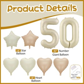 50th Birthday Decoration 50s Decor 8PCS 40" Giant Number 50 Balloons Ice Cream White Fifty Balloons Ivory Caramel Foil Star Balloons For 50 Years Old Birthday BOHO Party