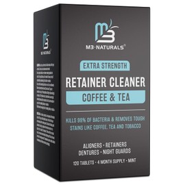 M3 Naturals Coffee and Tea Retainer Cleaner Tablets | Remove Odors, Stains, and Plaque | 4 Month Supply | FSA HSA Approved | Denture Cleanser for Coffee and Tea Lovers