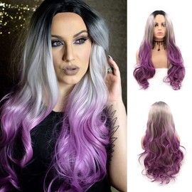 karissa Hair Lace Front Wigs for Women Ombre Grey Purple Black Roots 3 Tones Long Wavy Natural Hairline High Quality Heat Resistant Fiber Hair Drag Queen Cosplay
