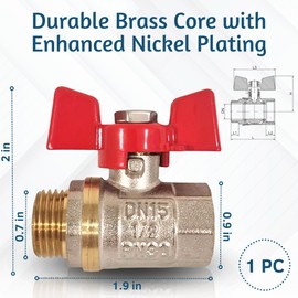 PipeSan Ball Valve 1/2 Inch Double Thread (Female/Male Thread) with Wing Handle, Nickel-Plated Brass Ball Valve with Female/Male Thread, Ball Valve with Thumb Screw for Full Flow