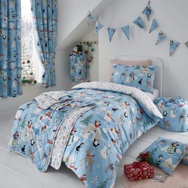 Happy Linen Company Girls Boys Kids Festive Arctic Snow Friends Blue Single Reversible Duvet Cover Bedding Set
