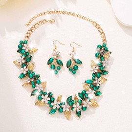 Unicra Flower Bridal Wedding Jewelry Set Gold Green Crystal Necklace Earrings Sets Pearl Formal Costume Jewelry for Women and Brides
