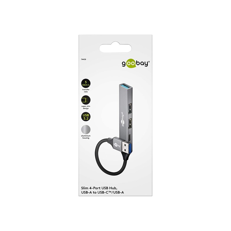 goobay 4-Port USB 3.2 Hub Slim, Multiple Plug, 5 Gbits,